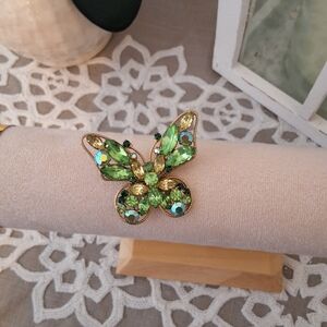 VTG Gold,  Green/White Jeweled Butterfly Brooch
